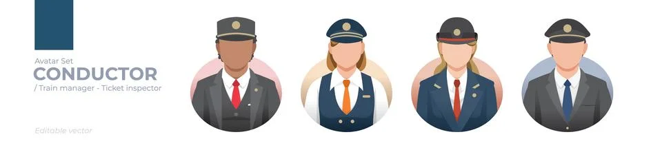 Diverse Conductors Avatars: Editable Vector Illustrations of Conductors and.. Stock Illustration
