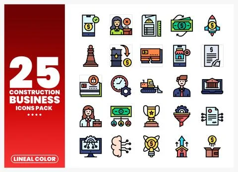 Diverse construction icons on white background featuring business and finan.. Stock Illustration