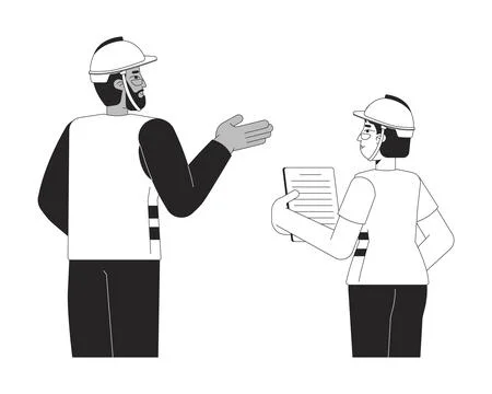 Diverse construction workers discussing black and white 2D line characters Stock Illustration