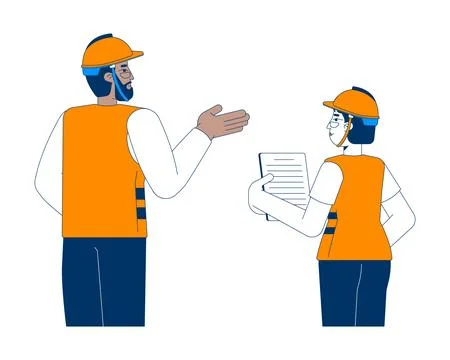 Diverse construction workers discussing project 2D cartoon characters Stock Illustration