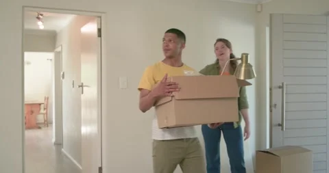 Diverse couple carrying boxes and brass lamp entering home during move, Stock Footage 340964427