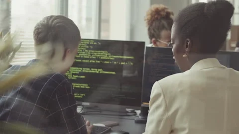 Diverse Couple of Colleagues Talking while Program Coding Stock Footage 219310605