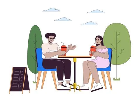 Diverse couple of plus sized people in cafe line cartoon flat illustration Ilustração Stock