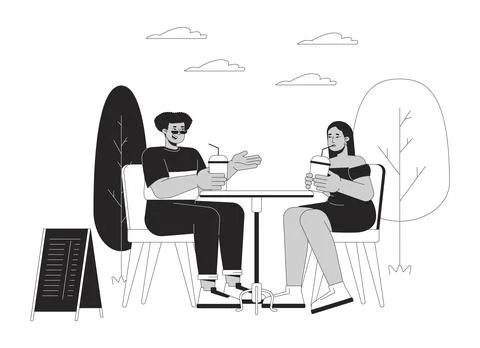 Diverse couple of plus sized people in cafe black and white cartoon illustr.. Ilustração Stock