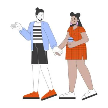 Diverse couple walking together 2D linear cartoon characters Ilustração Stock