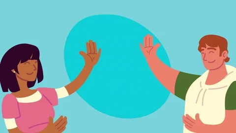 Diverse couple waving hands in greeting animation against blue background. Stock-Footage 339070842