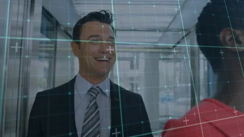 Diverse coworkers sharing smiles while moving through glass elevator with red Stock Footage 330461970
