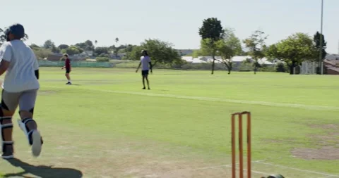 Diverse cricketers responding to bowler releasing ball, blocking, sprinting one Stock Footage 343238488