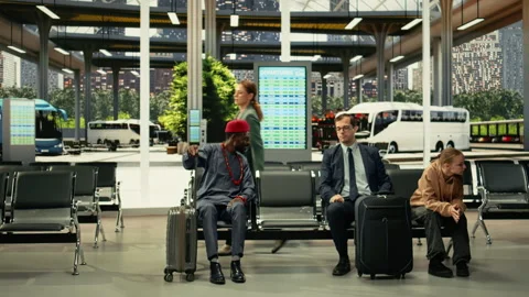 Diverse crowd in regional bus terminal checking departure time information Stock Footage 334726656