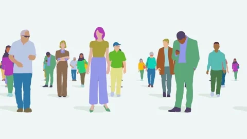 Diverse crowd of stylized people walking on white background Video stock 334572412