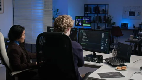 Diverse Cybersecurity Analysts Working on Code in Modern Office Stock Footage 347287363