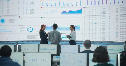 Diverse Data Science Office WIth Led Wall Working Stock Footage 243706133