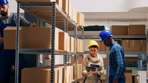 Diverse depot workers using digital tablet to scan goods 스톡 사진