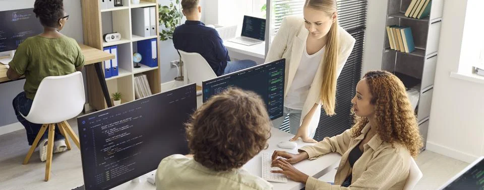 Diverse developers collaborating on code in a startup office during team meeting Foto stock
