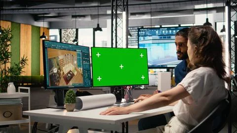 Diverse developers plan architectural structures with isolated screen Stock Photos