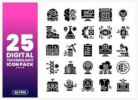 Diverse digital technology icons presented as a glyph pack for modern innov.. Stock Illustration