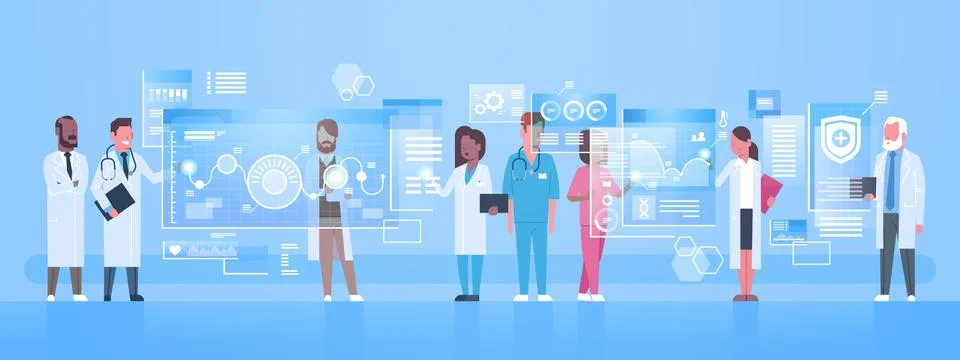 Diverse Doctors Group Use Virtual Computer Screen With Digital Buttons Stock Illustration