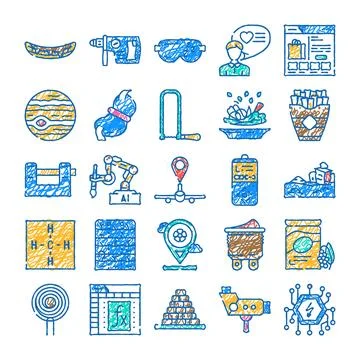 Diverse doodle icons representing technology, science, and everyday life 스톡 일러스트