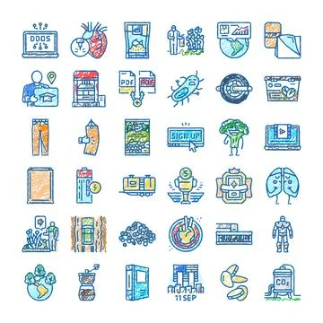 Diverse doodle icons representing technology nature business concepts イラスト素材