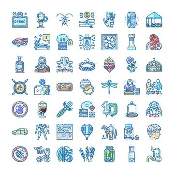 Diverse doodle icons representing technology, nature, food, and people concep Stock Illustration
