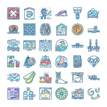 Diverse doodle icons representing various activities and objects Stock Illustration