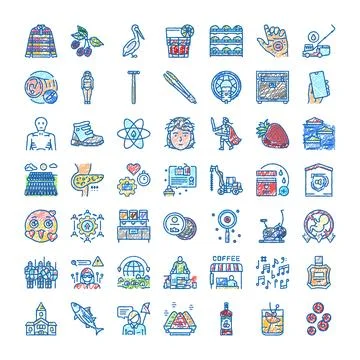 Diverse doodle icons representing various subjects and concepts Illustrazione stock