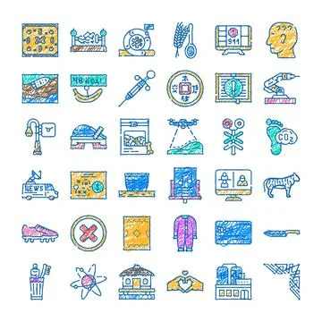 Diverse doodle linear icons vector set drawing style 스톡 일러스트