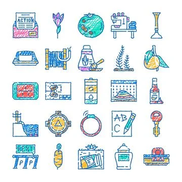 Diverse doodle style icon collection illustrating various objects Stock Illustration