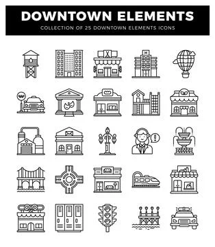 Diverse downtown city elements and icons in a clean. black and white line a.. イラスト素材
