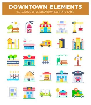 Diverse downtown element icons in flat design style. Stock Illustration