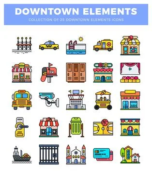 Diverse downtown element icons in a flat design style. Stockillustratie