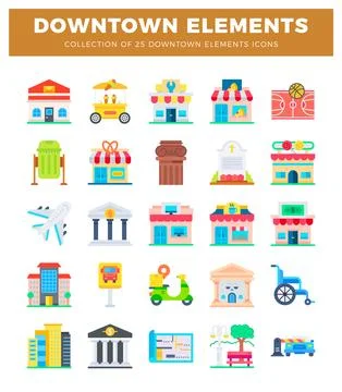 Diverse downtown element icons presented on a white background. Stock Illustration