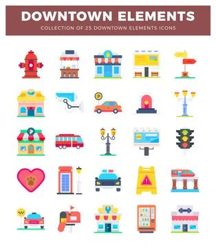 Diverse downtown element icons presented in a grid layout. set against a cl.. 库存插图