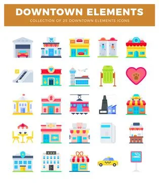 Diverse downtown elements and icons. flat illustration. Set of city buildin.. Stock Illustration