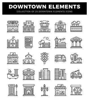 Diverse downtown elements icons featuring architecture. transportation. and.. 스톡 일러스트