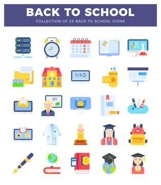 Diverse educational icons for back to school. featuring school supplies. te.. Stock Illustration