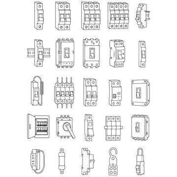 Diverse electrical protection components: circuit breakers, fuses, switches.. Stockillustratie