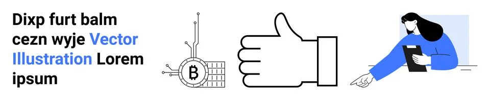 Diverse Elements Featuring Cryptocurrency, Approval Hand, and Woman Writing Stock Illustration