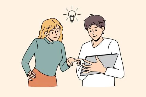 Diverse employees brainstorm using tablet together Illustrazione stock