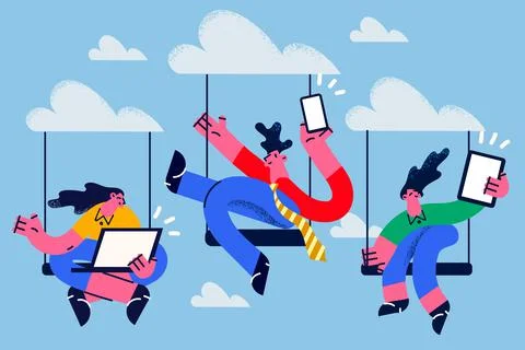 Diverse employees work on gadgets with cloud computing Stock Illustration