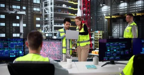 Diverse Engineering Team Assembles Rocket At Factory Production Facility Stock Photos
