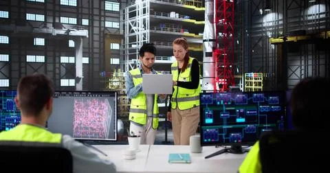 Diverse Engineering Team Checking Factory Production On Desktop Computer Moni 스톡 사진