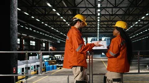 Diverse engineers analyzes robotics software for industrial component Stock Photos