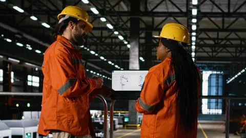 Diverse engineers analyzes robotics software for industrial component Stock Photos