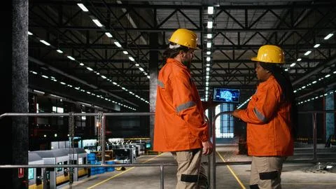 Diverse engineers, artificial intelligence, brain software, tablet Stock Photos
