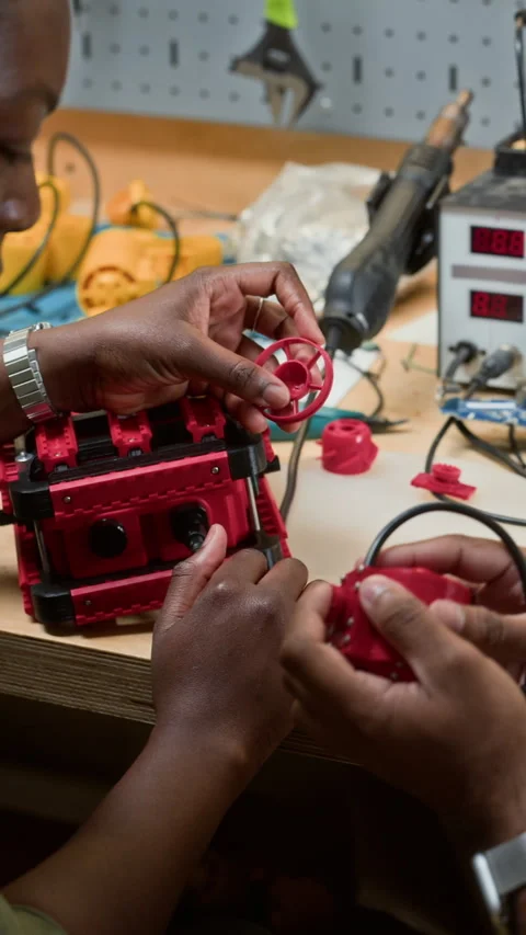 Diverse Engineers Assembling Robotic Device in Tech Lab Stock Footage 343504469
