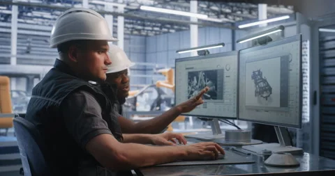 Diverse Engineers Discussing 3D Vehicle Chassis on Dual Screens Stock Footage 344392278