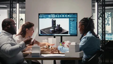 Diverse engineers team go over structural real estate city planning Stock Footage 316645229