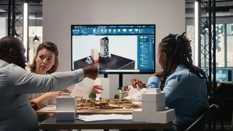 Diverse engineers team go over structural real estate city planning Stock Photos