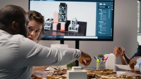 Diverse engineers team go over structural real estate city planning Stock Photos